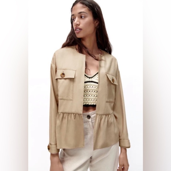 Zara Jackets & Blazers - Zara Ruffled Peplum Open Front Oversized Safari Khaki Color Shacket Jacket XS